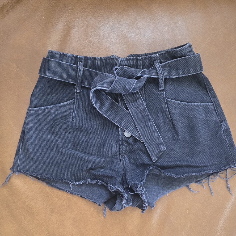 GRLFRND High Waist Black Denim Shorts with Raw Hem And Tie Waist